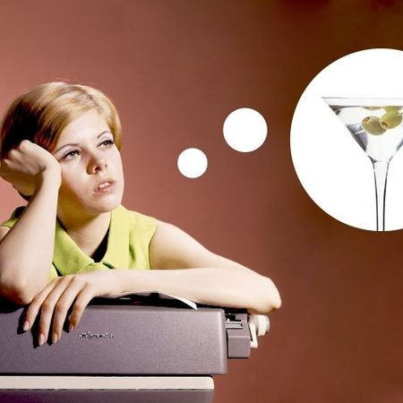 Blond lady daydreaming about alcohol (martini with olives)