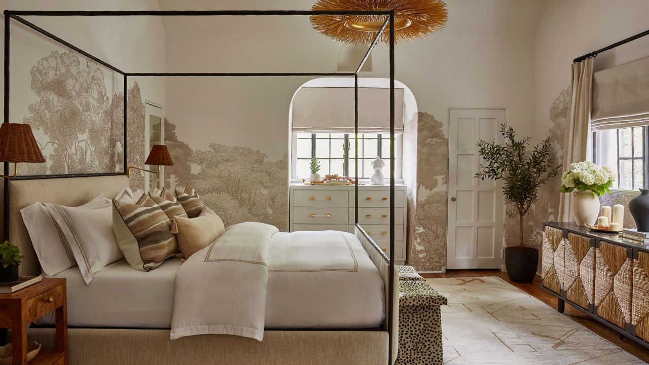 relaxing bedroom with neutral color scheme, four poster bed