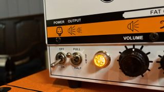 Close up of power and output switches on an Orange Dual Terror amp