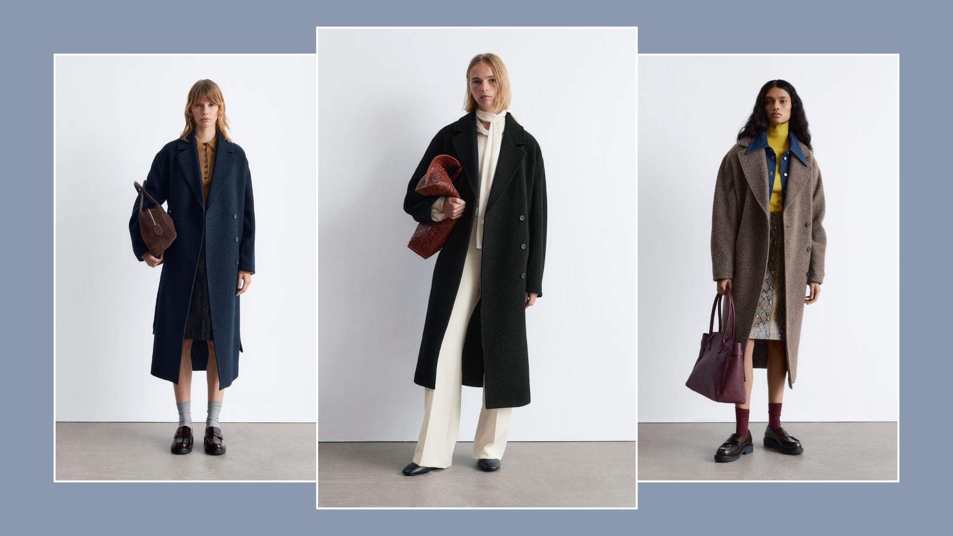Three women wear the &amp;. Other Stories oversized coat. 
