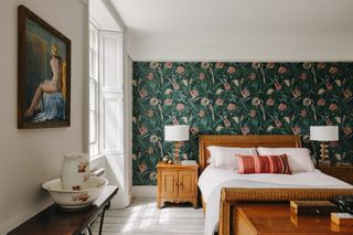 floral wallpaper in master bedroom