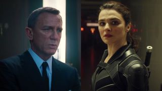 Daniel Craig wearing a suit in No Time To Die and Rachel Weisz in uniform in Black Widow, pictured side-by-side.