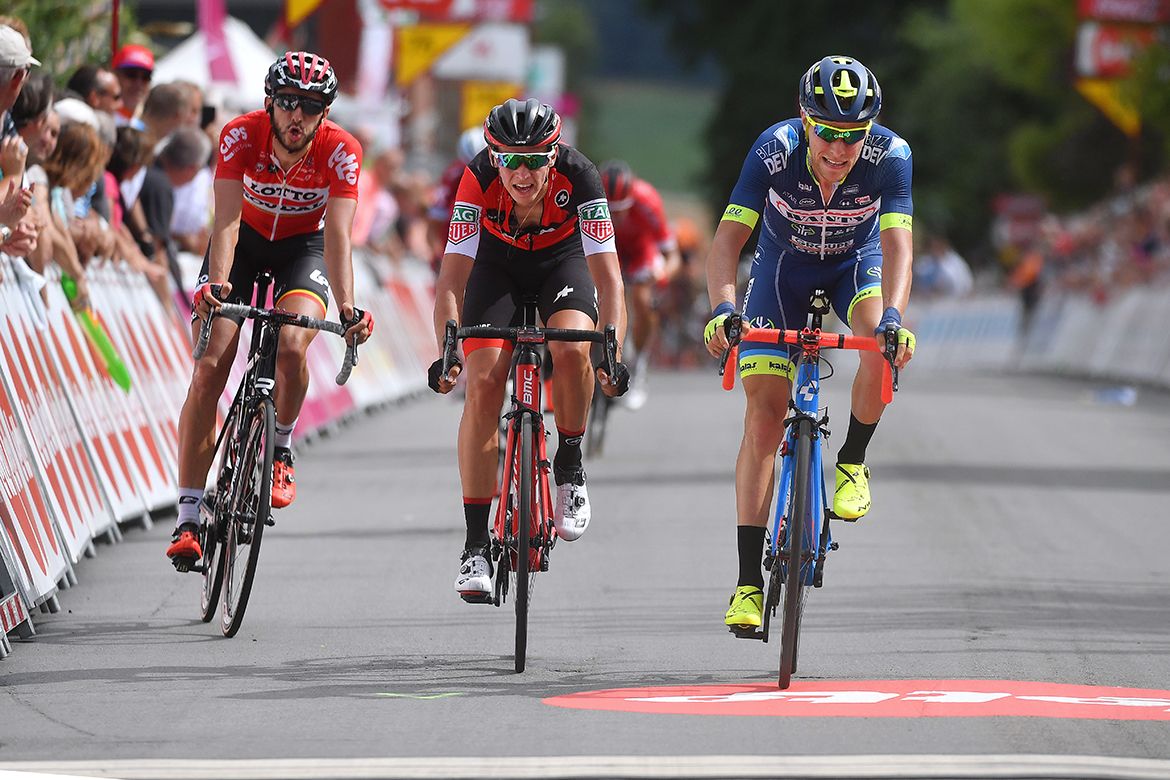 The sprint for second on stage 1 of the Tour de Wallonie
