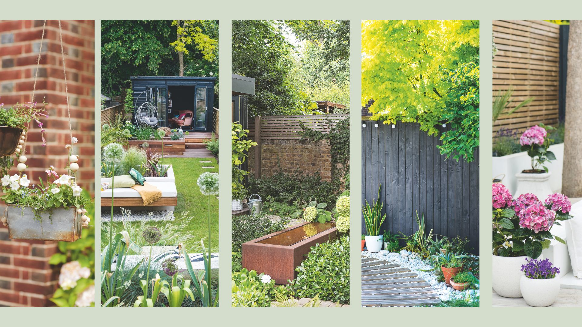 Compilation image of garden elements to show how to make a garden look expensive on a budget