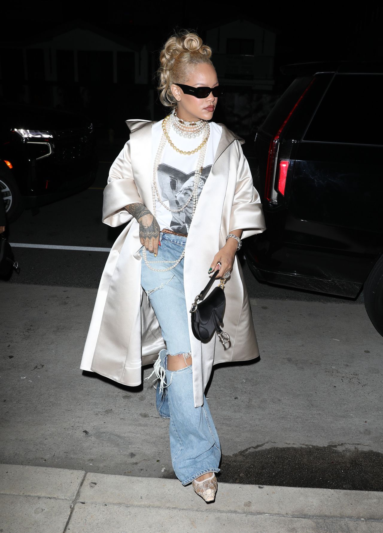 LOS ANGELES, CA - APRIL 06: Rihanna is seen at Giorgio Baldi restaurant on April 06, 2024 in Los Angeles, California. (Photo by The Hollywood Curtain/Bauer-Griffin/GC Images)