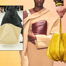 Graphic of fall 2023 bag trends like large totes, leather clutches, and bucket bags