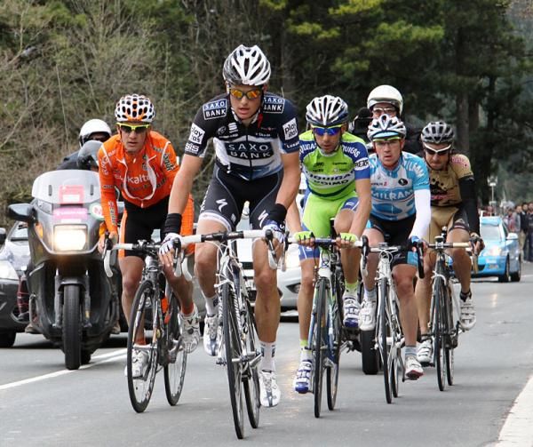 Breakaway riders Jakob Fuglsang (Saxo Bank), Amets Txurruka (Euskaltel - Euskadi), Ivan Santaromita (Liquigas-Doimo), Johannes Fr&ouml;lingher (Team Milram) and Aitor P&eacute;rez Arrieta (Footon-Servetto)