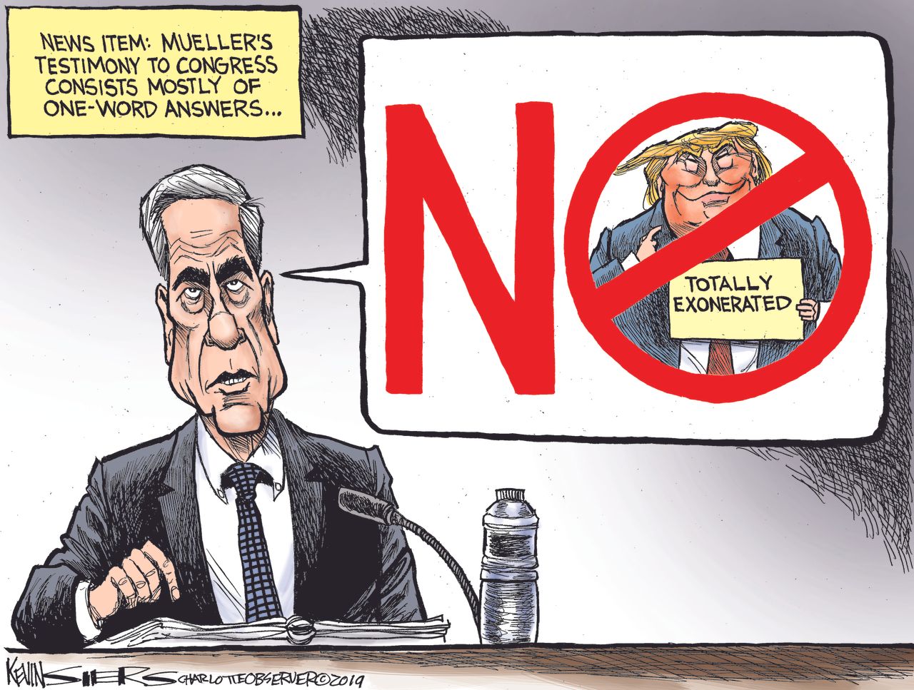 Political Cartoon U.S. Mueller Special Counsel Testimony One Word Answers