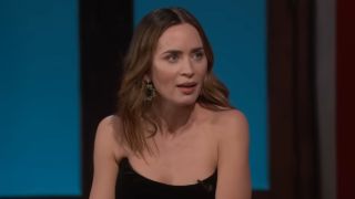 Emily Blunt looking in awe on Jimmy Kimmel Live.