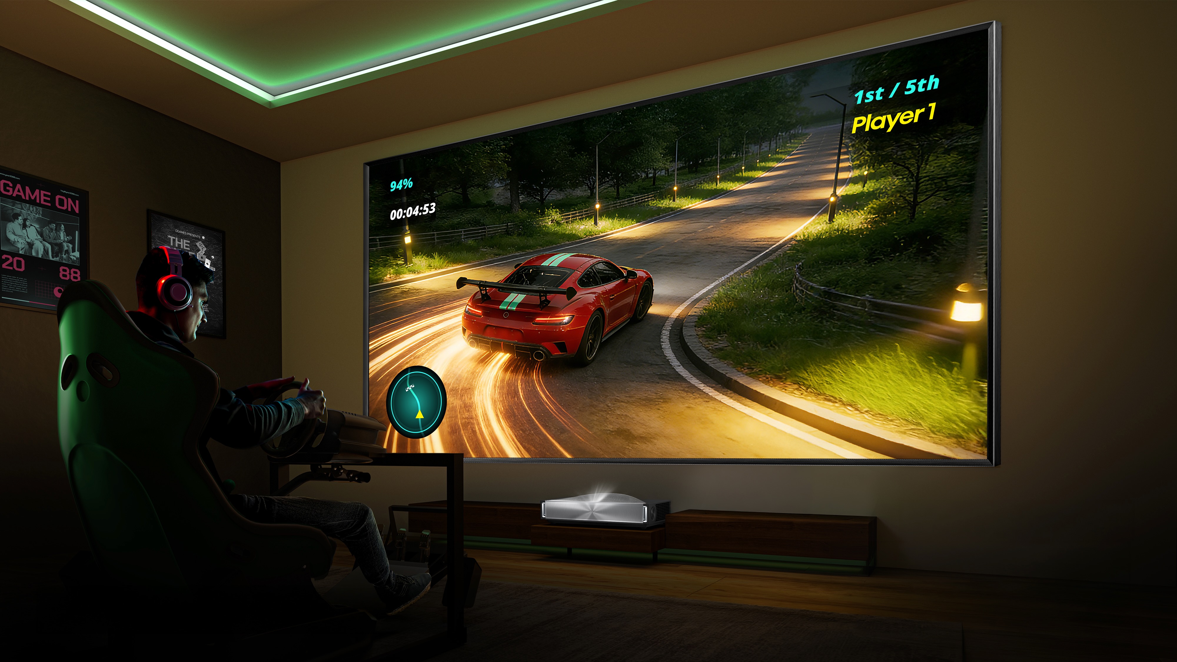 A man playing a racing game on the Hisense PX4-Pro ultra short throw projector.