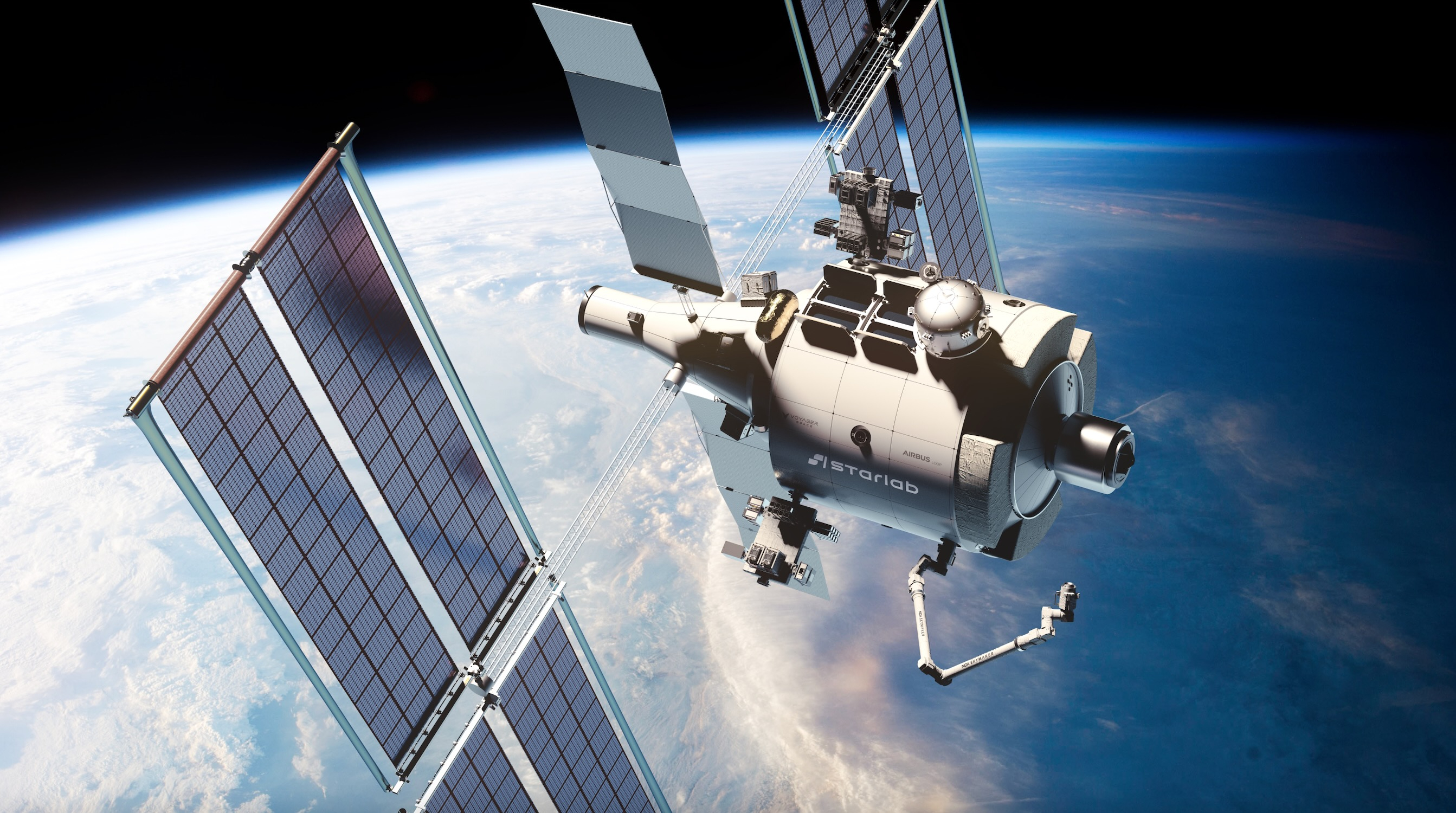 illustration of a small space station in earth orbit