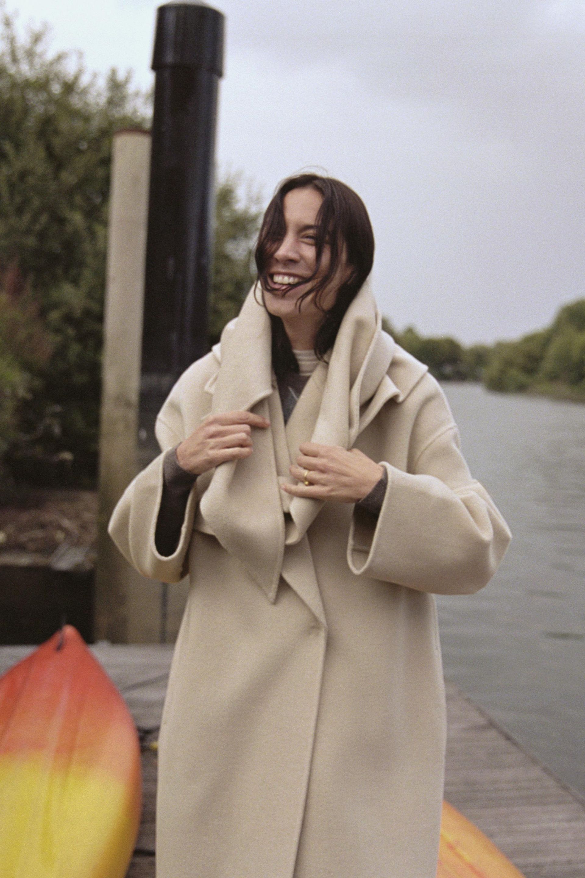 Oversized Wool Blend Coat With Scarf Zw Collection