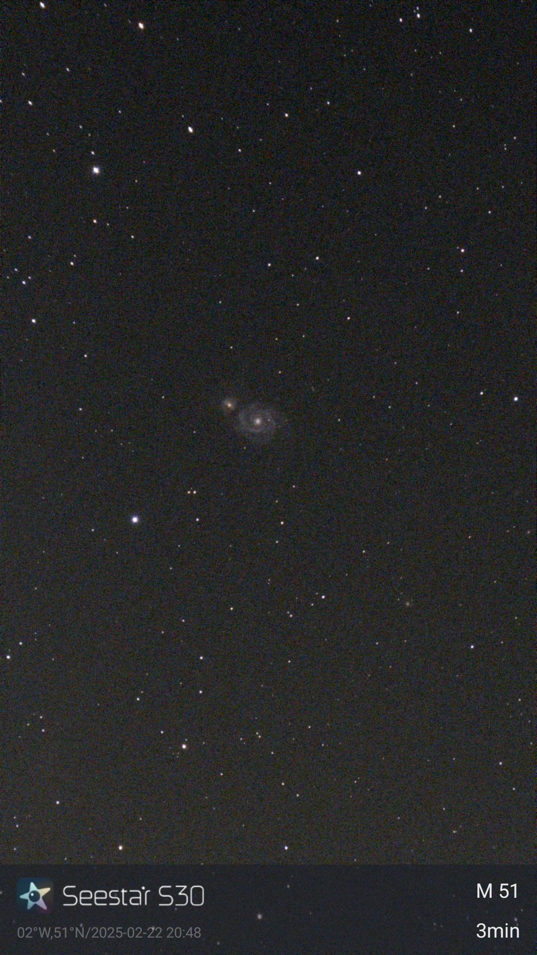 Astro shot of the Whirlpool Galaxy and NGC 5195 taken with the ZWO Seestar S30 smart telescope.