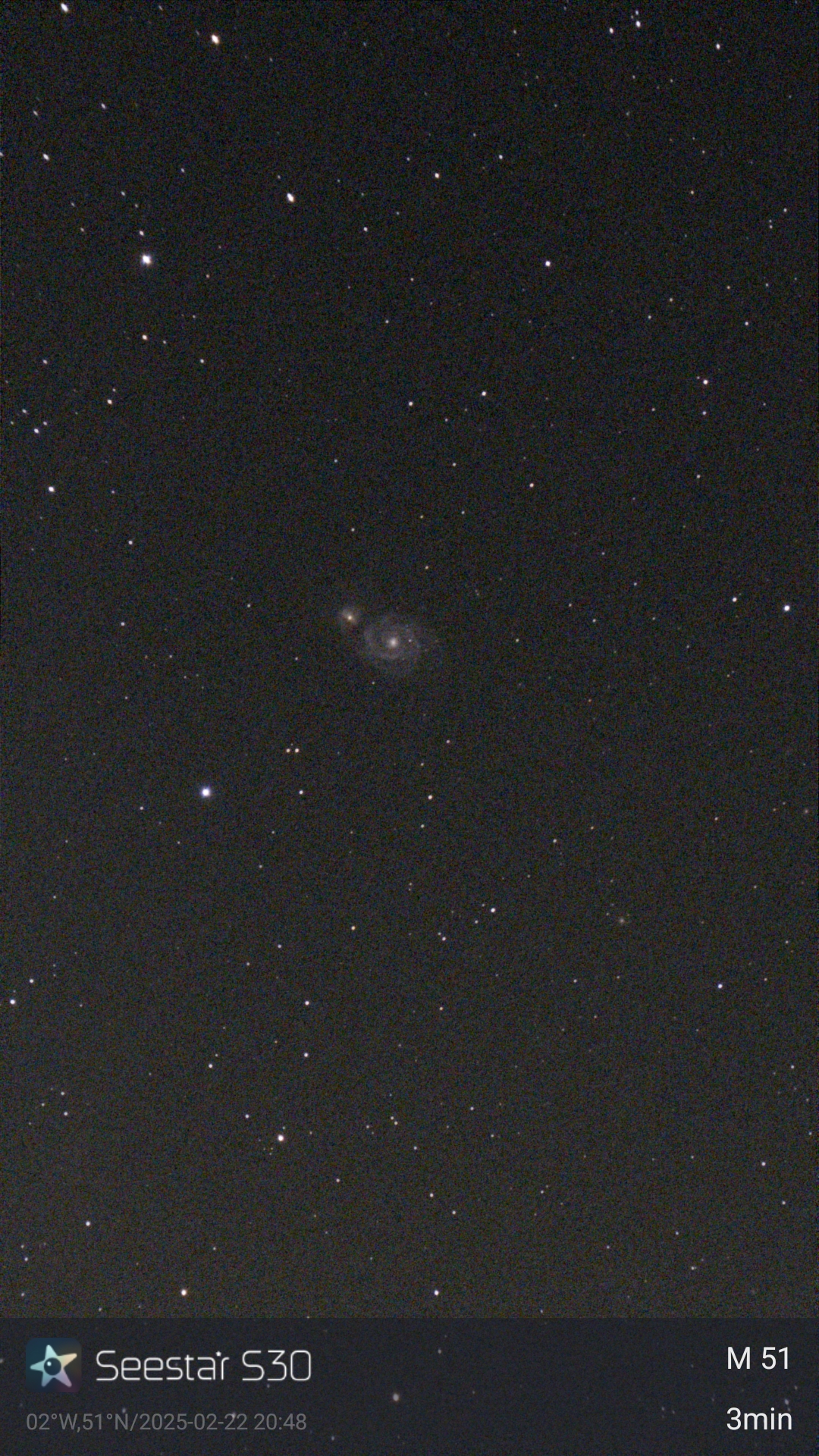 Astro shot of the Whirlpool Galaxy and NGC 5195 taken with the ZWO Seestar S30 smart telescope.