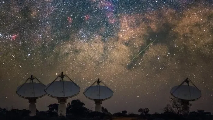 CSIRO's ASKAP radio telescope is made up of 36 dishes spread out across 6km on Wajarri Country - four satellite dishes, three on the left, and one on the right, point upward toward a starry night sky.