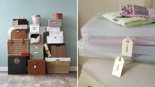 Storage boxes stacked to show how to declutter your loft neatly
