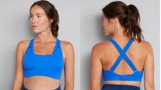 Natal Active Artemis Nursing Sports Bra in blue worn by model, front and rear views