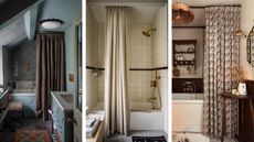 A trio of images showing bathrooms with floor to ceiling shower curtains