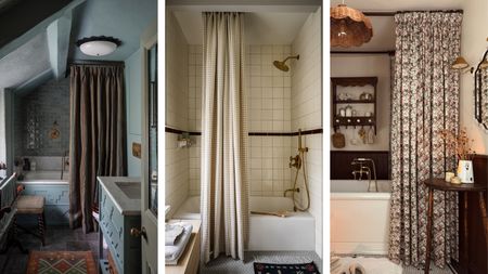 A trio of images showing bathrooms with floor to ceiling shower curtains