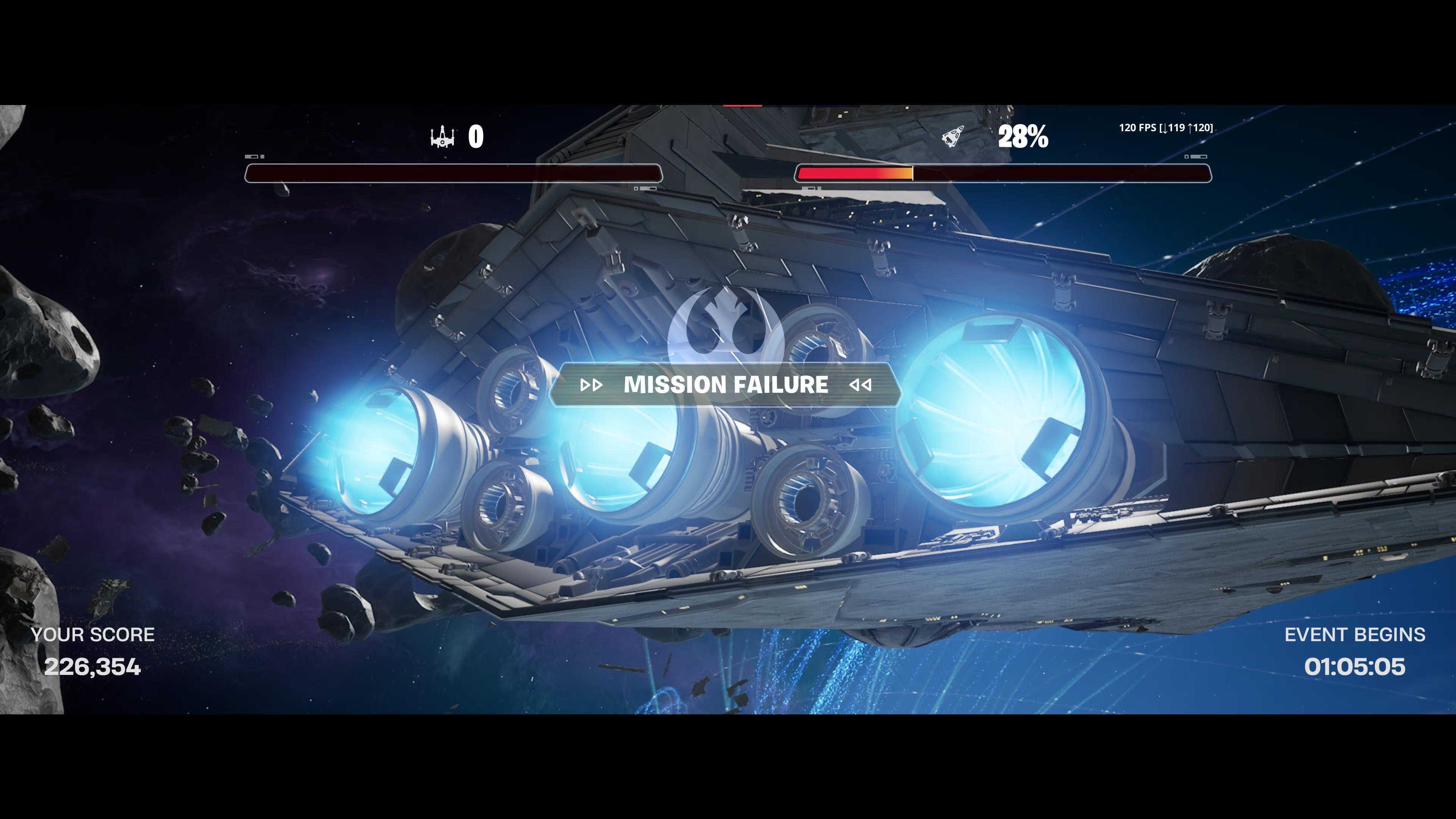 The Mission Failed screen in Fortnite Death Star Sabotage