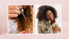 A woman pictured appyling serum to the ends of her curly hair, alongside a picture of another woman towel drying her curly hair/ in a pink watercolour template
