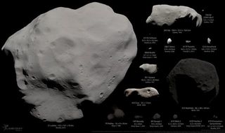A montage of 17 of the 18 asteroids and comets that have been photographed up close as of August 2014, when Rosetta arrived at comet Churyumov-Gerasimenko. Montage by Emily Lakdawalla.