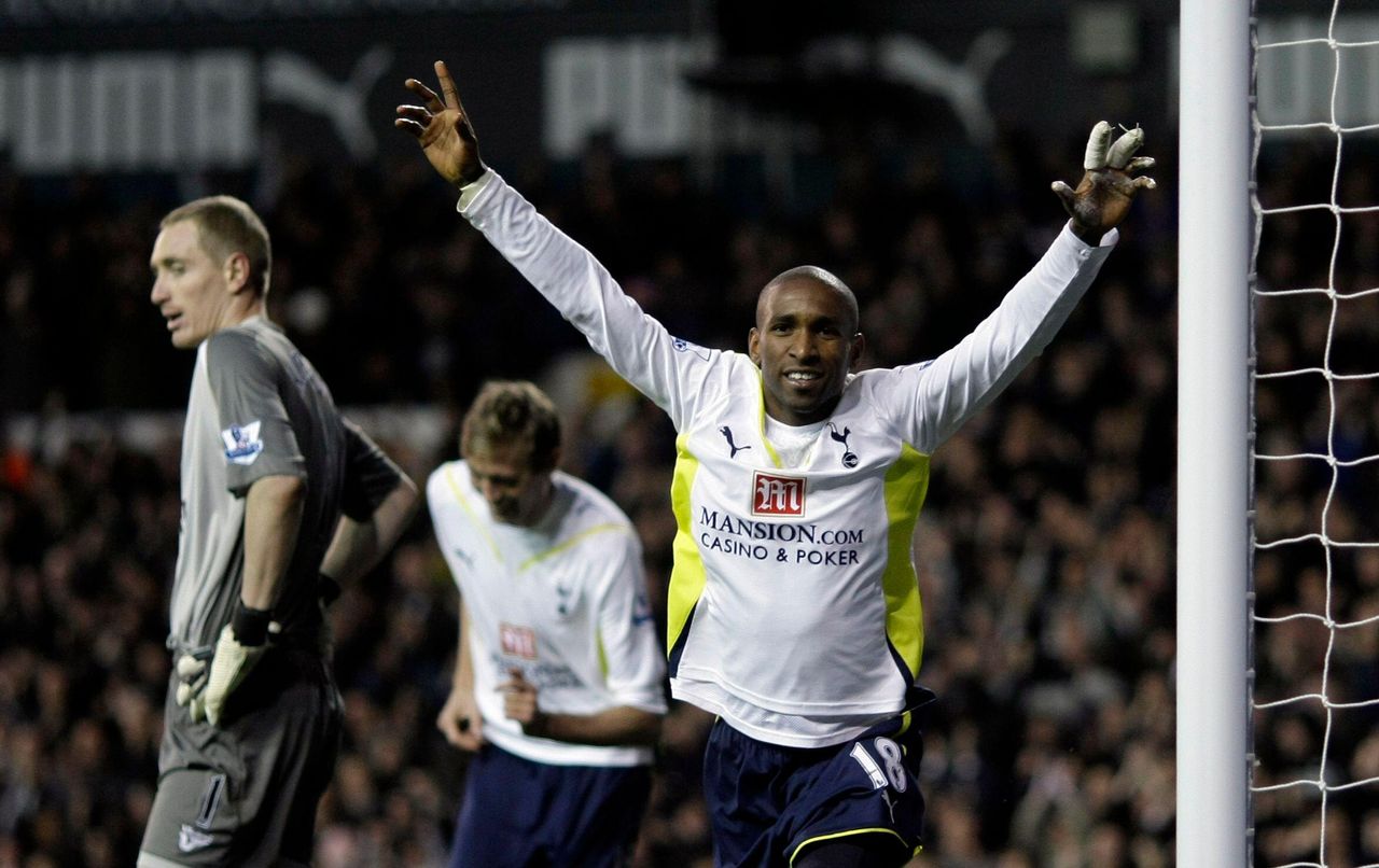 Jermain Defoe of Tottenham Hotspur celebrates after scoring one of his five goals against Wigan Athletic during the Premier League match at White Hart Lane, November 2009