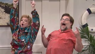 Melissa McCarthy and Jack Black celebrate during an SNL sketch.