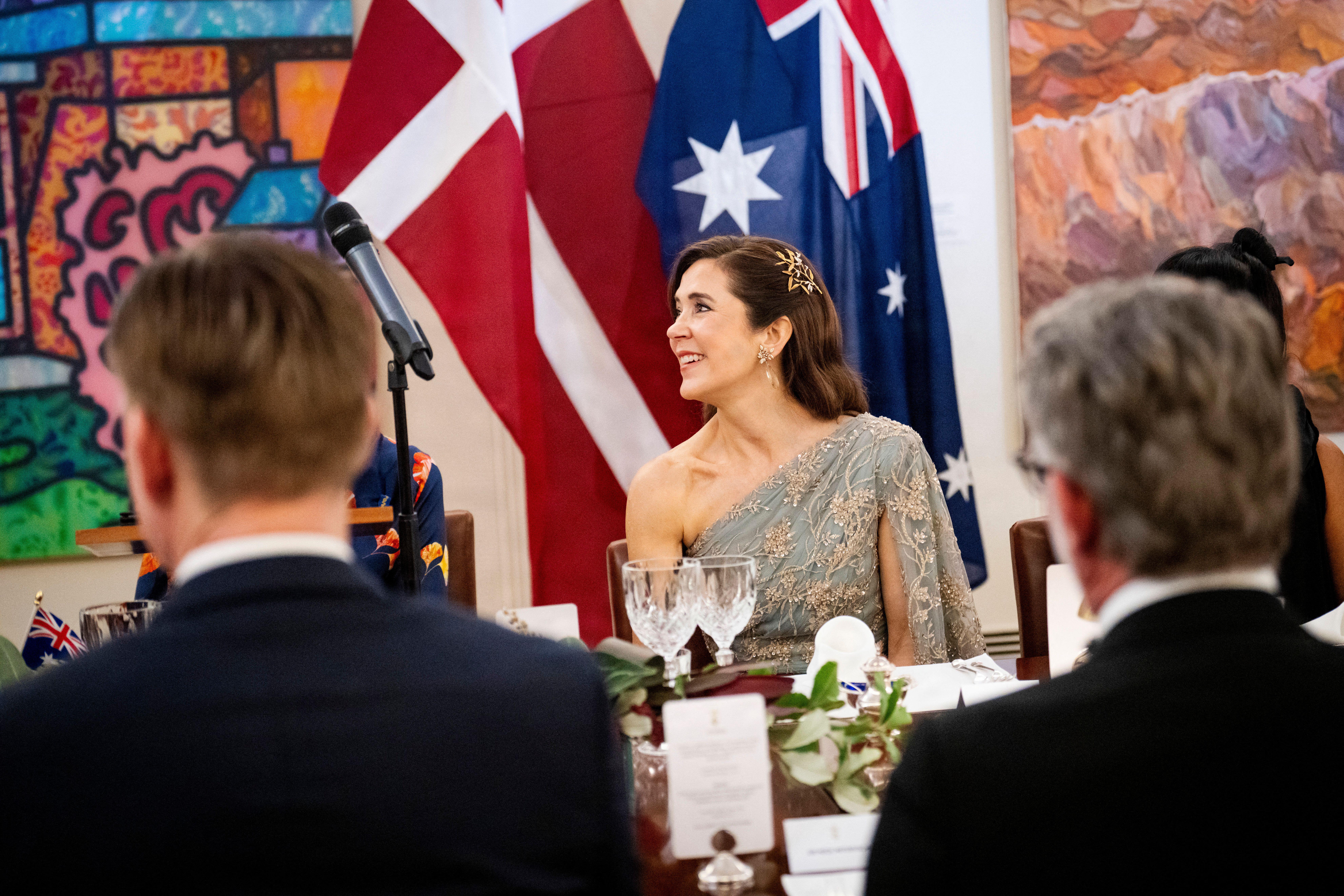 3E1H27M Queen Mary at a state banquet at Government House in Canberra, Australia, Sunday, March 15, 2026. The royal couple is on a state visit to Australia from March 14-19, 2026. Along the way, the royal couple will visit Uluru in the North Territory, Canberra and Melbourne, before concluding the visit in the Queen's hometown of Hobart in Tasmania. The visit has a particular focus on green transition and 55 Danish companies are traveling as part of an official business promotion to promote cooperation within renewable energy and energy-efficient urban development. (Photo: Ida Marie Odgaard/Ritzau Sca