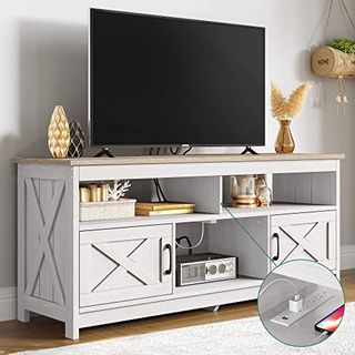 Yitahome Tv Stand for 65 Inch Tv With Power Outlet, Farmhouse Tv Media Console Table With Storage Cabinets and Open Shelf, Mid Century Modern Entertainment Center for Living Room, Grey White/grey Wash