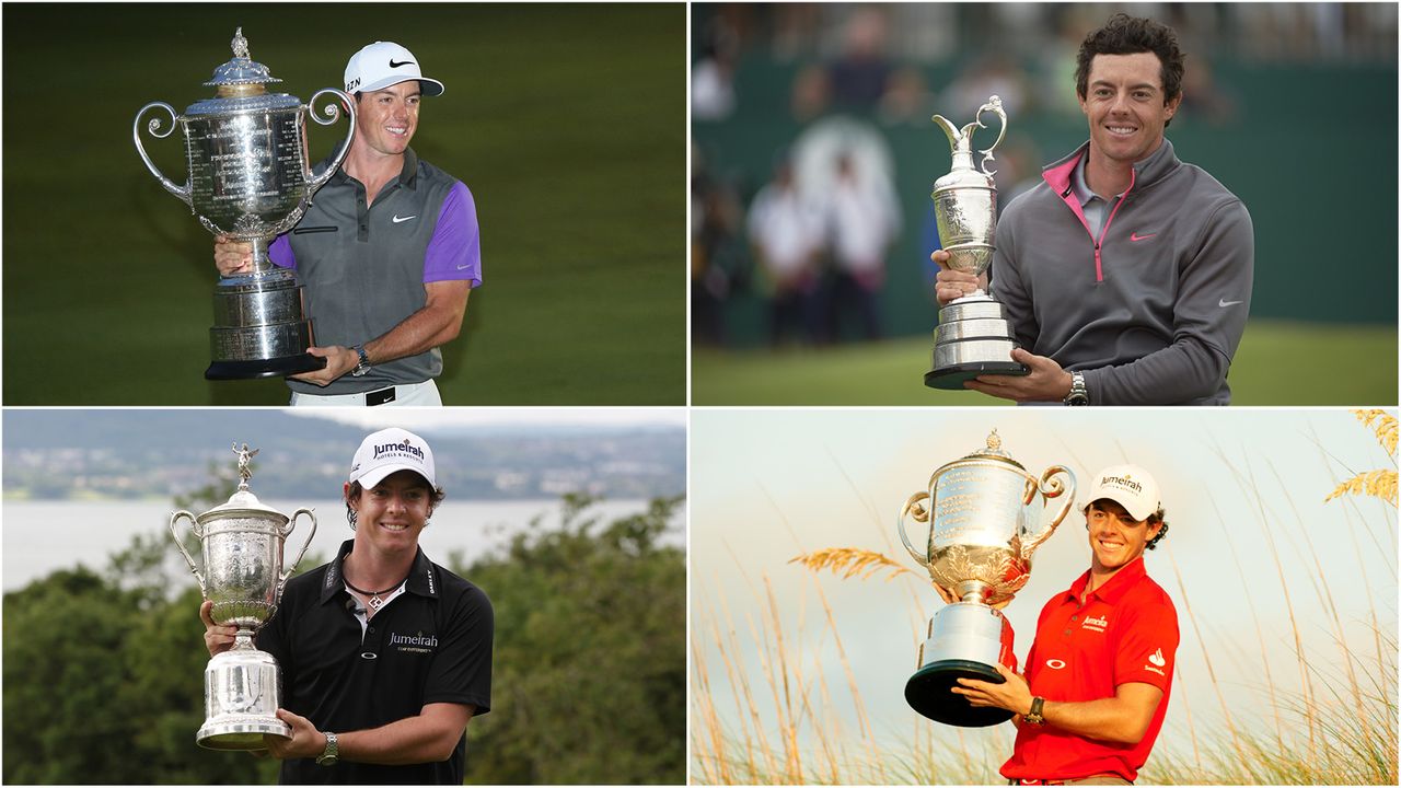 A split photo of four images showing each of Rory McIlroy&#039;s respective Major wins