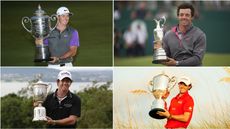 A split photo of four images showing each of Rory McIlroy's respective Major wins