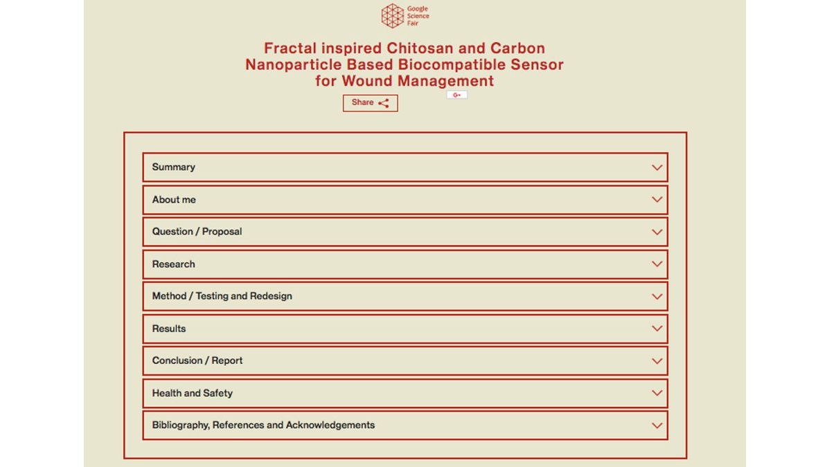 Screenshot of Google Science Fair Report on wound management sensor