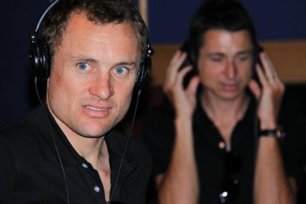 Baden Cooke and Matt Wilson during the recording process for the official GreenEdge team song
