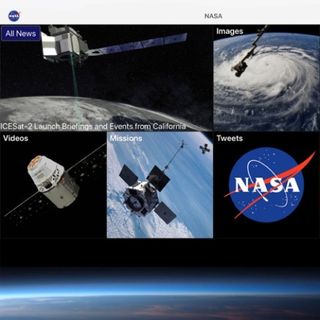 Homepage of NASA app showing icons such as Images, Videos, Missions, and Tweets.