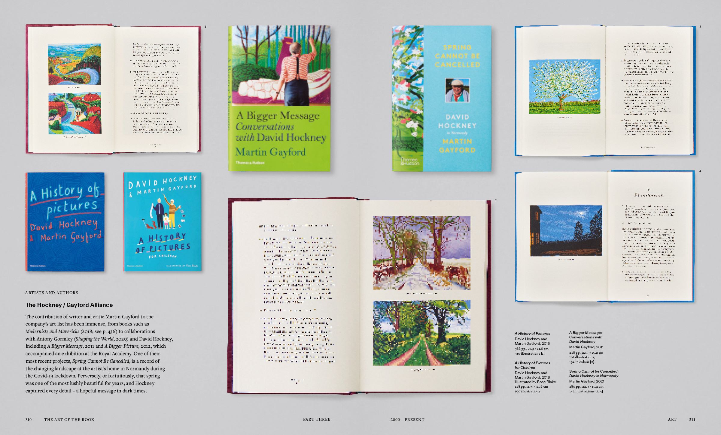 Spreads from The Art of the Book celebrating the publisher's longstanding relationship with David Hockney
