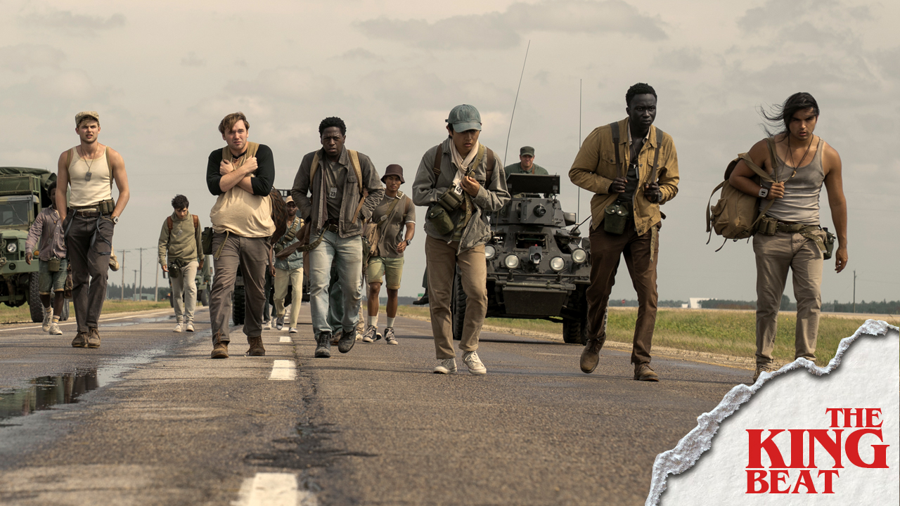 The King Beat Charlie Plummer as Barkovitch, Garrett Wareing as Stebbins, Cooper Hoffman as Garraty, David Jonsson as McVries, Ben Wang as Olson, Tut Nyuot as Baker, and Joshua Odjick as Parker in The Long Walk