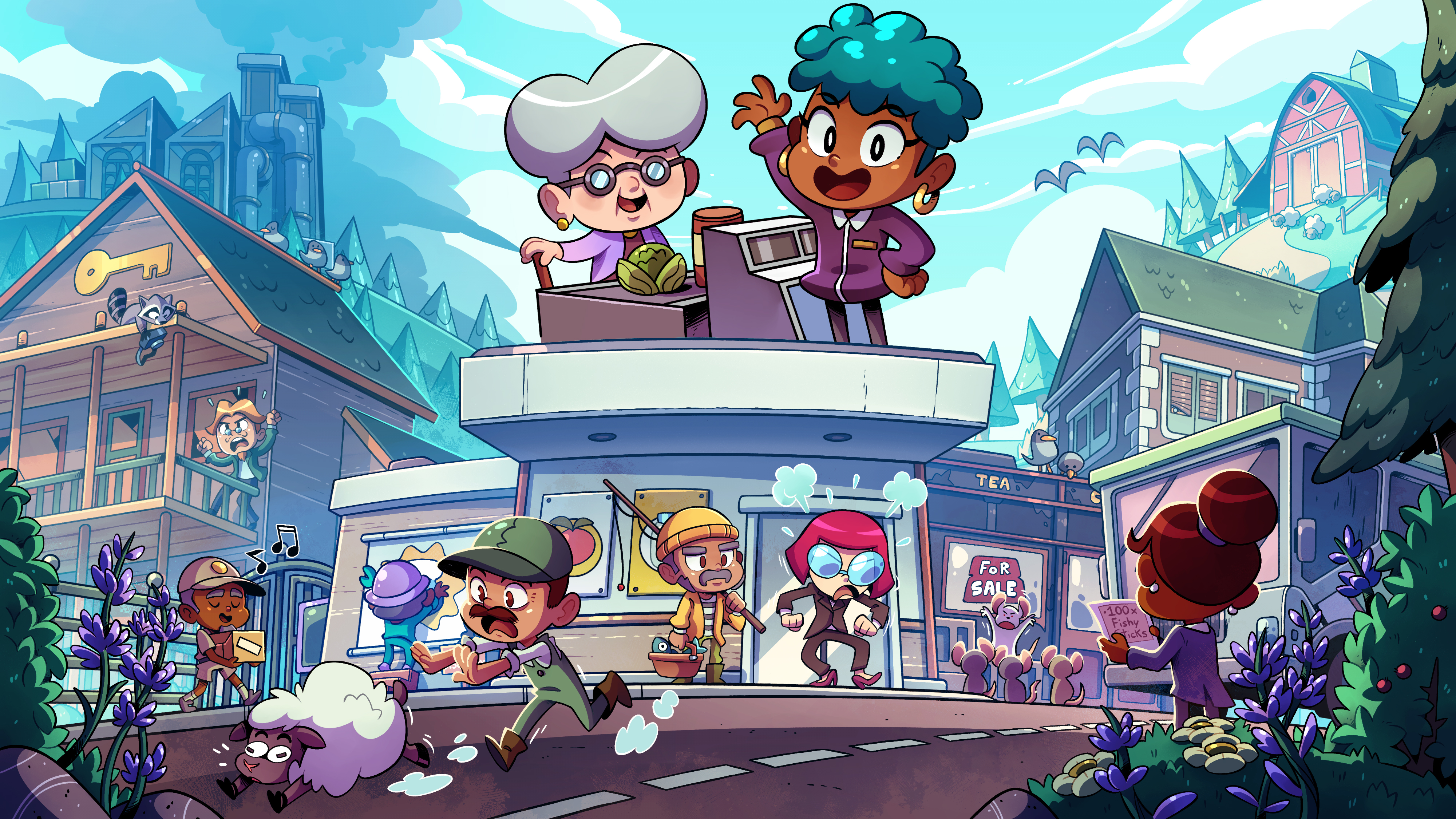 A grocery store with townfolk around it