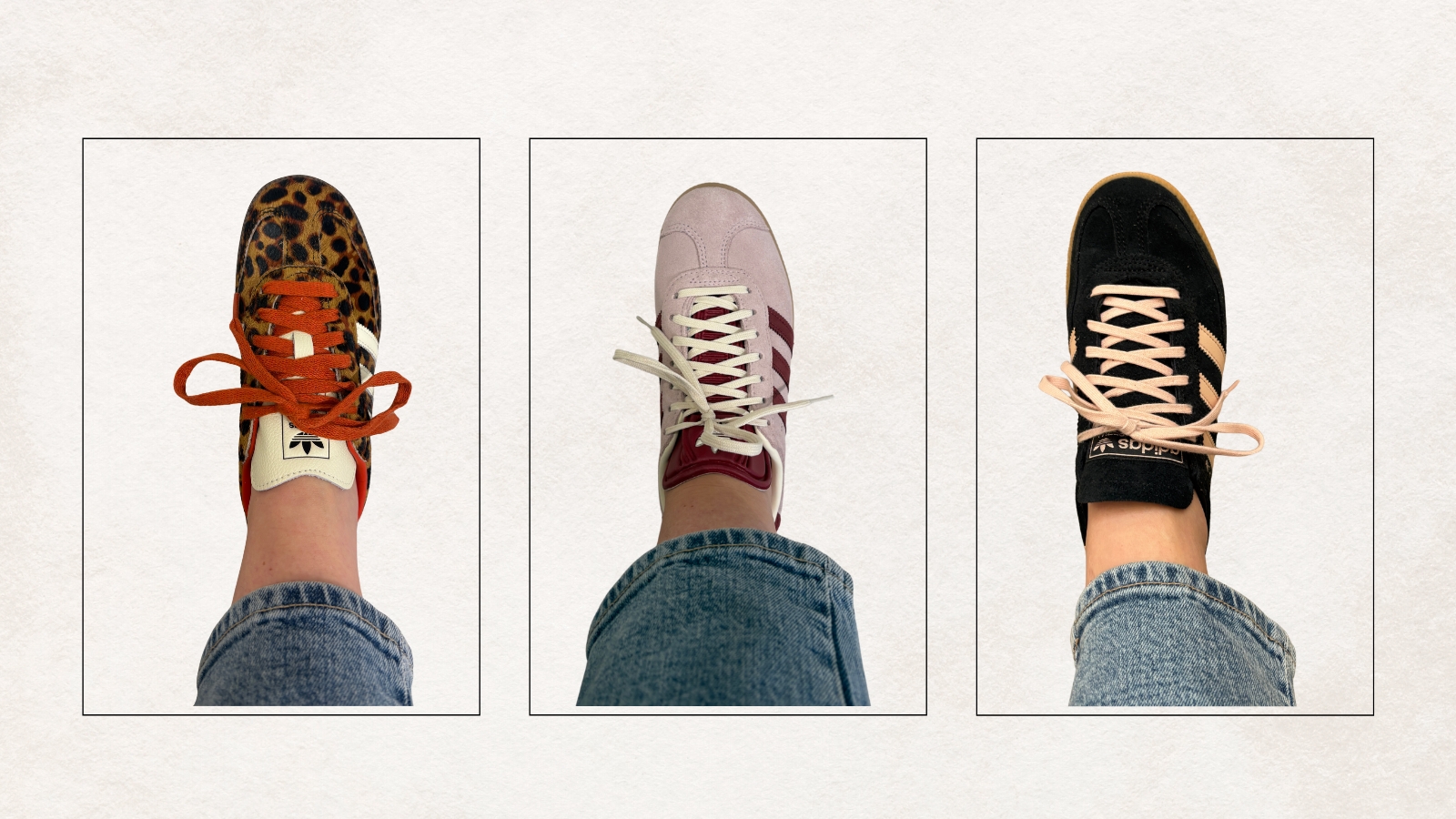 Composite image of one leg trying on different adidas trainers