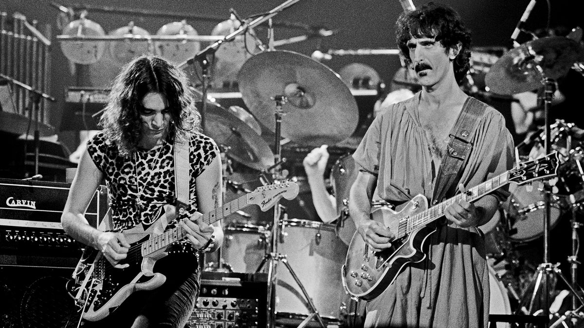 Steve Vai and Frank Zappa performing on stage at the Palladium, New York, october 31, 1981.