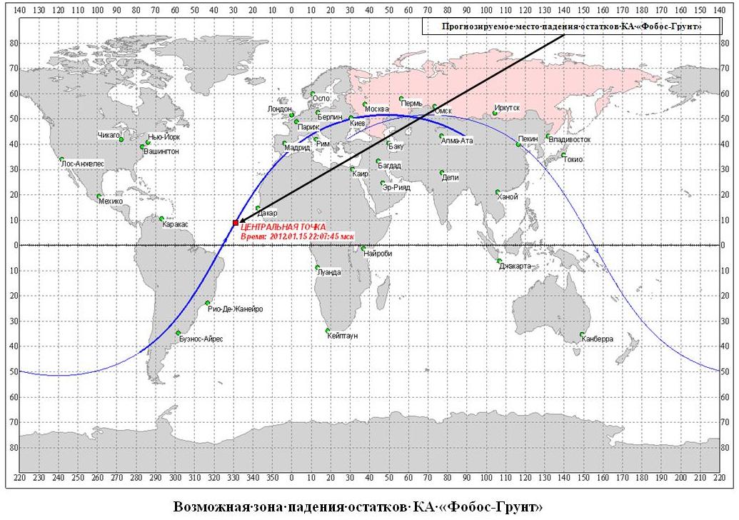 This map shows a potential crash zone for the failed Russian Mars probe Phobos-Grunt as reported by Russia&#039;s Federal Space Agency (Roscosmos) in the afternoon of Jan. 15, 2012.