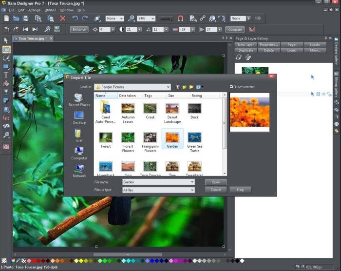 This image of Xara shows the Import File window. You can see the thumbnail versions of your photos. If you click on the image once, you can see a preview of the photo on the right side of the window.
