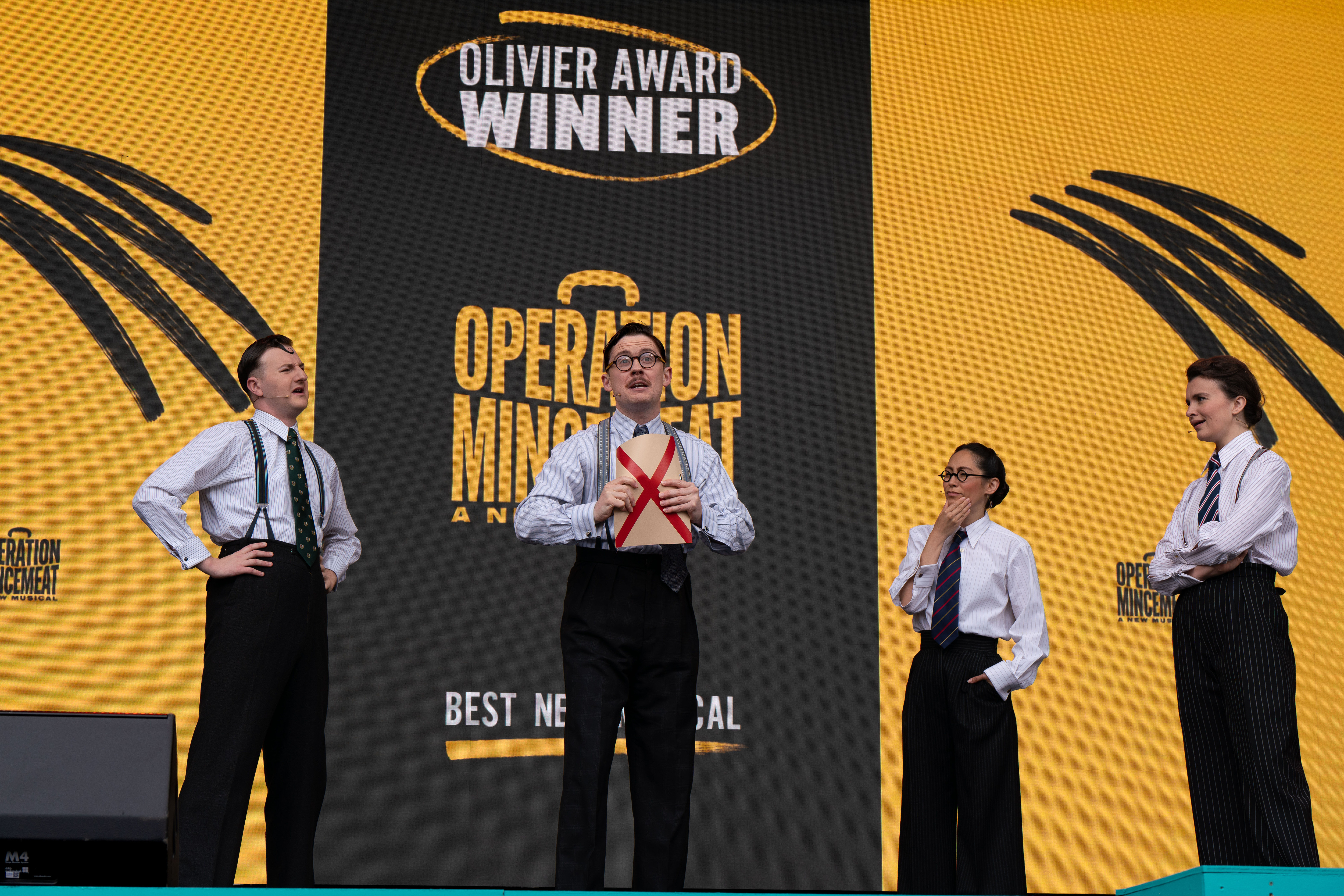 The cast of Operation Mincemeat live on stage at West End Live. (Photo by Bonnie Britain/SOPA Images/LightRocket via Getty Images)