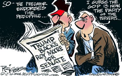 Political cartoon U.S. Roy Moore sexual harassment Trump endorsement
