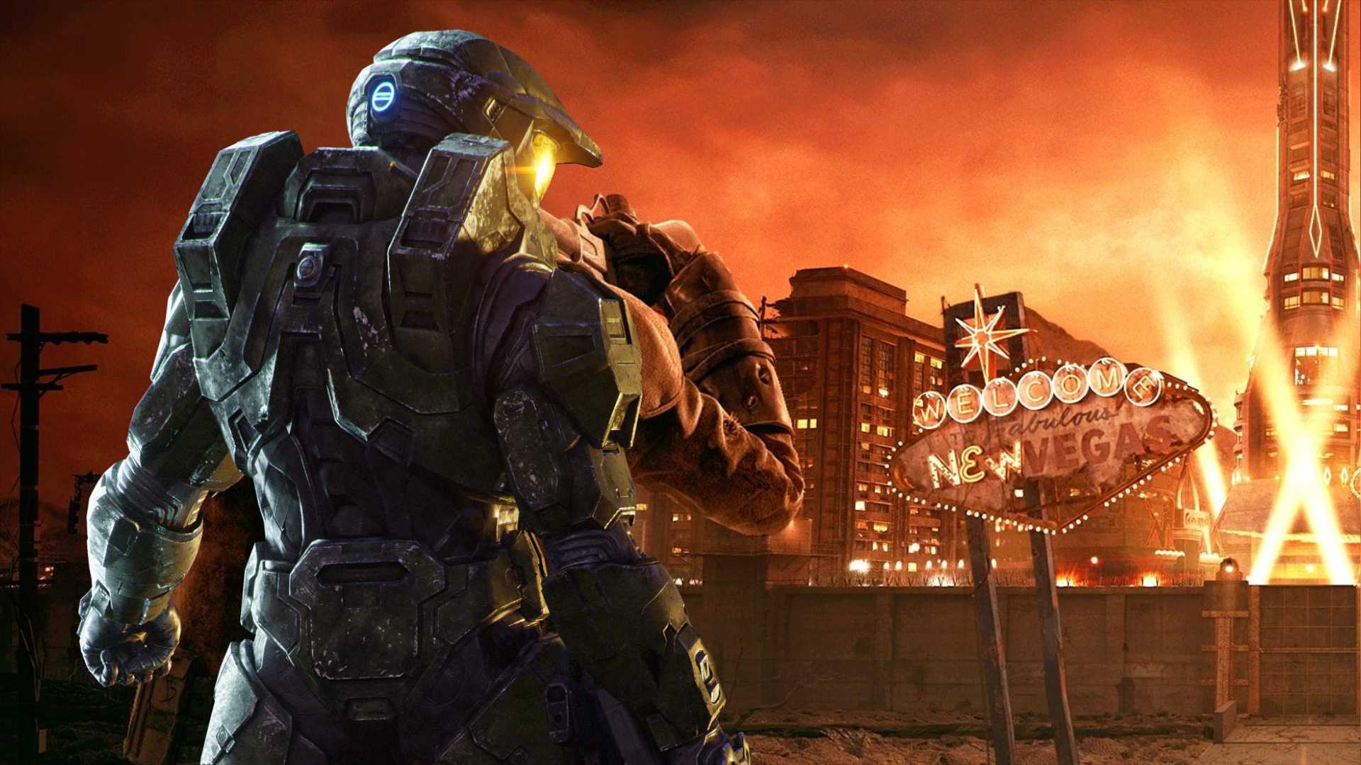 Master Chief from Halo 3, seen from behind, looks towards the illuminated Welcome to New Vegas sign and surrounding buildings beneath an orange sky.