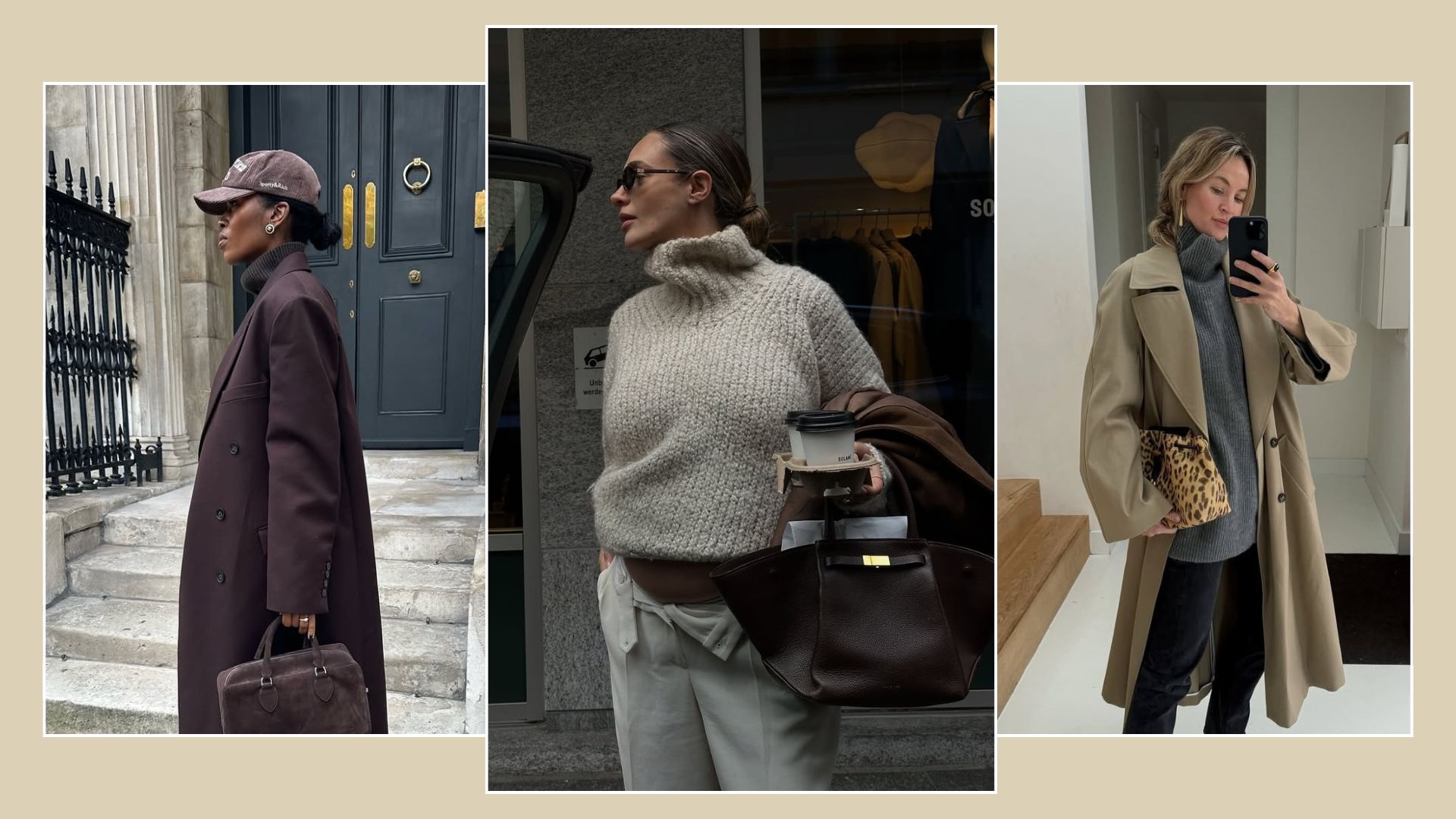 Three women wearing funnel-neck knitwear