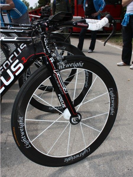 Milram's Lightweight Obermayer front wheels sported an eye-catching white finish.