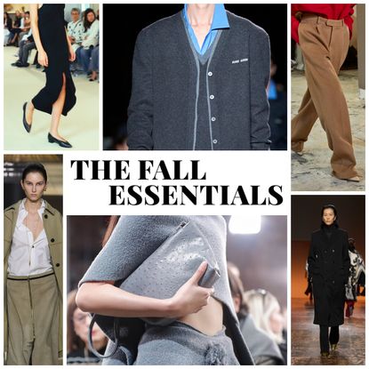 Future graphic of fall essentials like trench coats, maxi coats, white button downs and ballet flats