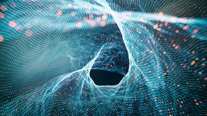 An artist's digital rendering of a wave rippling through a hologram-like texture