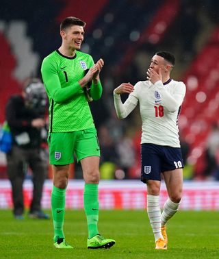 Nick Pope (left) and Phil Foden in good spirits